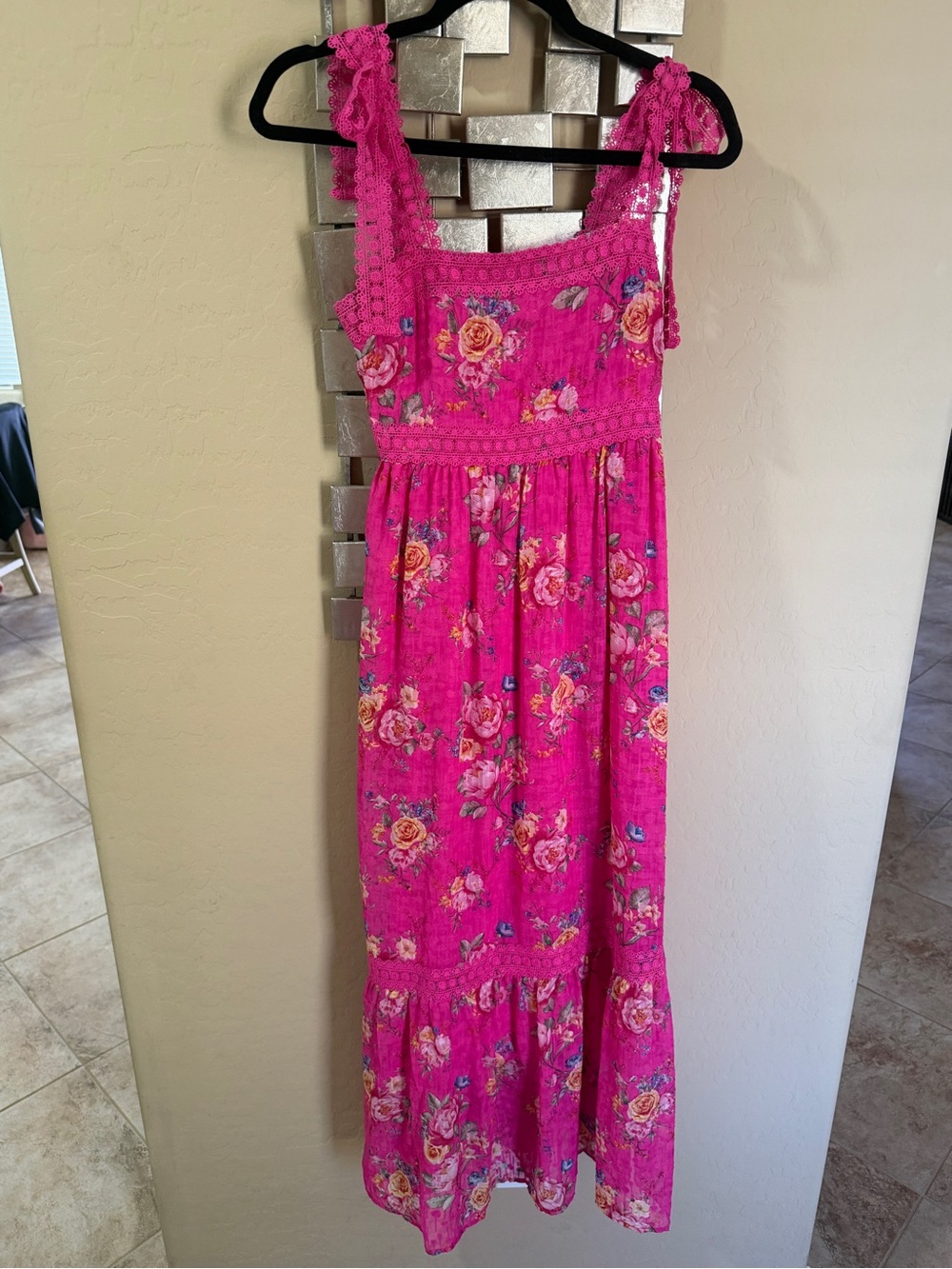 Impressions Hot Pink Floral Maxi Sundress with Crochet Straps